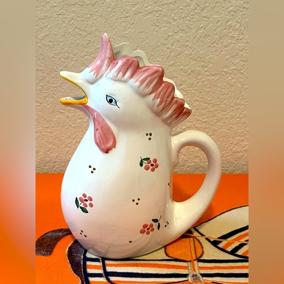 Large Ceramic Italian Rooster Pitcher. Handpainted In Italy. Flowers. 2210 - Picture 3 of 7
